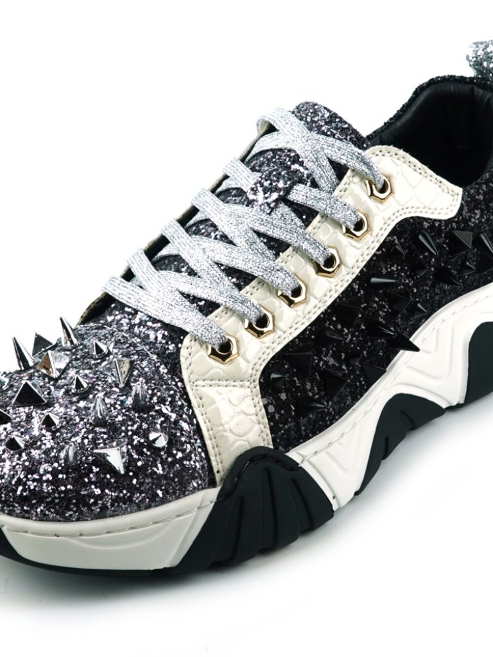 FI-2406 Silver Black Glitter Silver Spikes Lace up Sneaker Encore by Fiesso